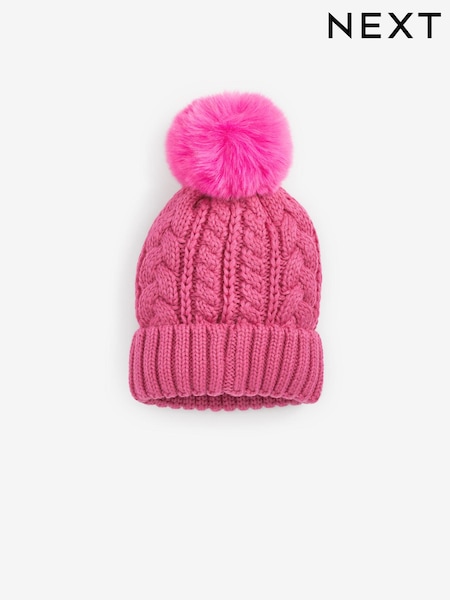 Bright Pink Cable Knit Pom Pom Beanie Hat (3mths-16yrs) (417545) | €4 - €8