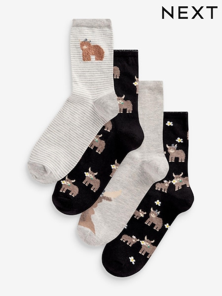 Black/Grey/White Hamish the Highland Cow Ankle Socks 4 Pack (419192) | €7