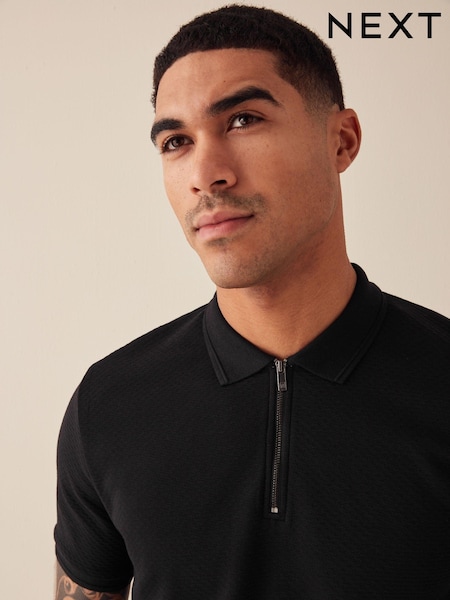Black Short Sleeve 100% Cotton Textured Quarter Zip Polo Shirts (422069) | €13