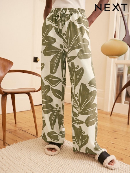 Green/Ecru Leaf Linen Blend Pyjama Bottoms (423655) | €14.50