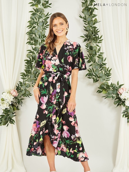 Mela Black Floral Wrap Midi Dress With Frills (423701) | €27