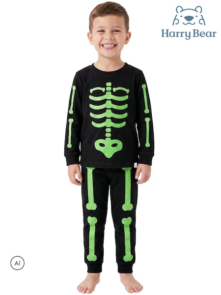 Svart - Harry Bear Glow In The Dark Pyjamas Skeleton