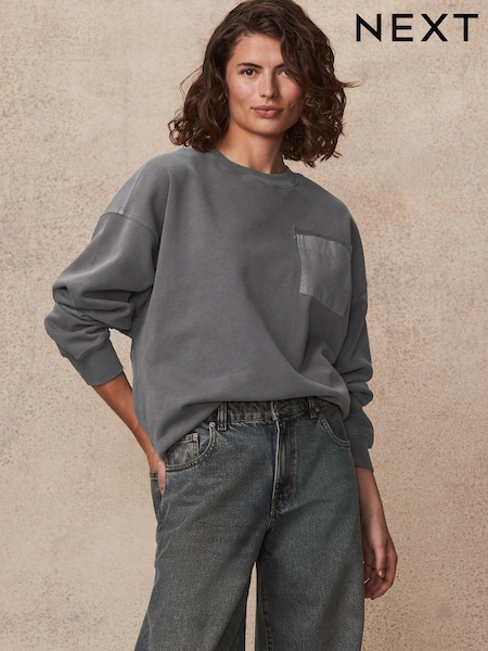 Grey Charcoal Utility Pocket Front Panelled Crew Neck 100% Cotton Sweatshirt (424656) | €14