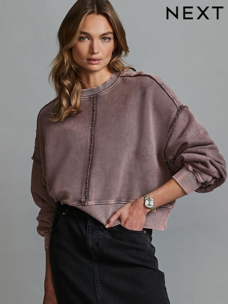 Violet estompat - Washed Exposed Seam Crew Neck 100% Cotton Sweatshirt (424658) | 136 LEI