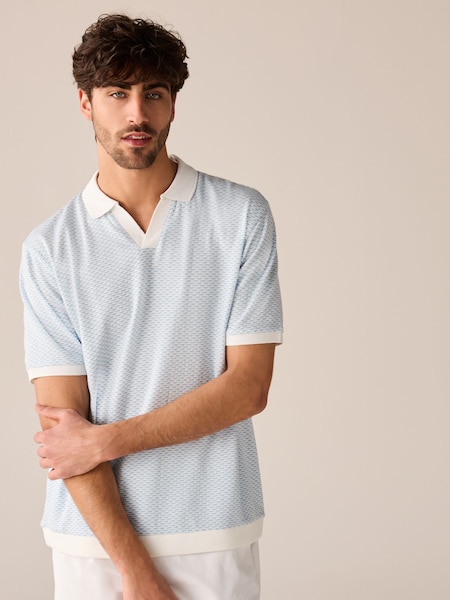 Blau/Weiß - Cuban Collar Textured 100% Cotton Short Sleeve Polo Shirt (424806) | 6 €