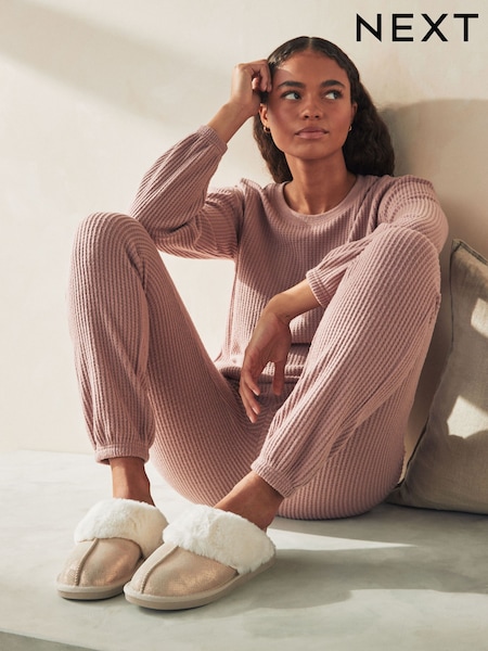 Gold Suede Faux Fur Lined Mule Slippers (425461) | €11