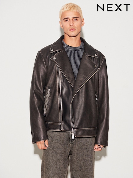 Black PU EDIT Leather Washed Biker Jacket (426878) | €36