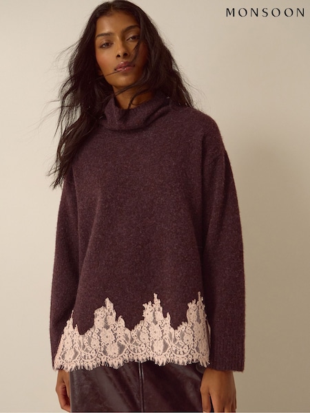 Brown - Monsoon Lana Lace Funnel Neck Jumper