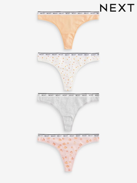 Orange Pumpkin Print Thong Cotton Rich Logo Knickers 4 Pack (427924) | AED35