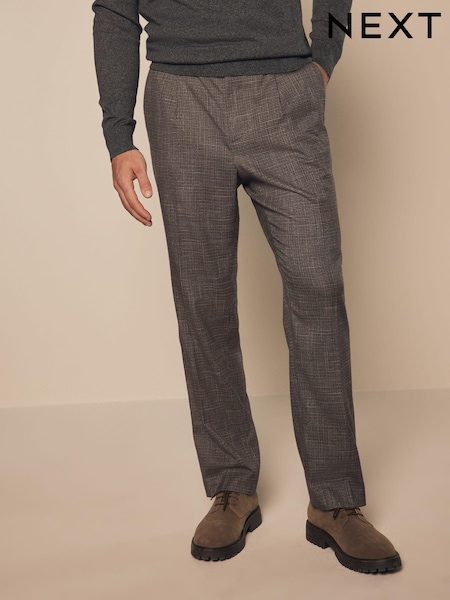 Neutral Brown Regular Fit Trimmed Check Smart Trousers (428429) | AED122