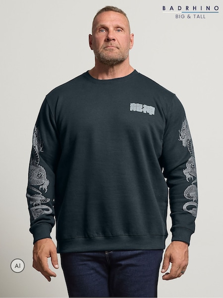 Schwarz - Regular Badrhino Big & Tall Dragon Sleeve Print Sweatshirt