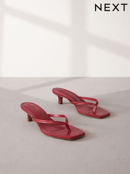 Red Premium Leather Toe Post Heeled Mules (428974) | AED96