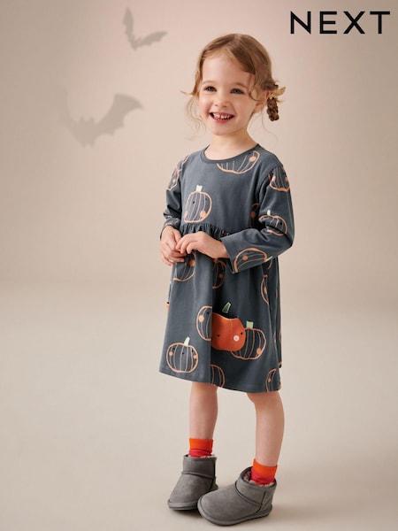 Charcoal Grey Pumpkin 100% Cotton Halloween Long Sleeve Dress (3mths-7yrs) (429364) | AED32 - AED39