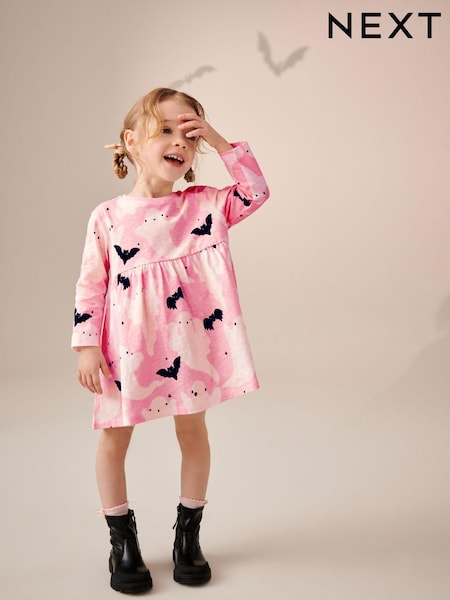 Pink Ghost 100% Cotton Halloween Long Sleeve Jersey Dress (3mths-7yrs) (429385) | AED25 - AED32