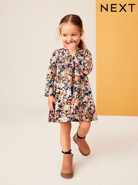 Navy Floral 100% Cotton Long Sleeve Jersey Dress (3mths-7yrs) (429410) | 24 QAR - 31 QAR