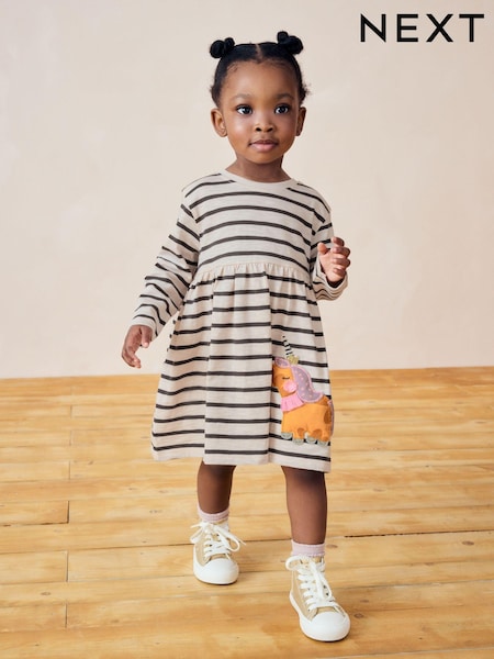Black/White 100% Cotton Long Sleeve Jersey Dress (3mths-7yrs) (429422) | AED32 - AED39