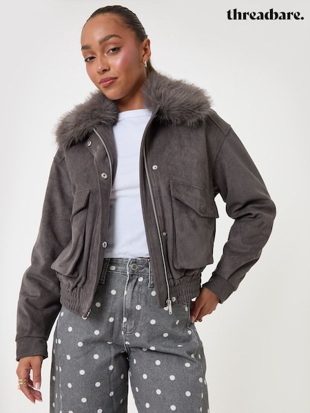 Grey - Threadbare Faux Suede Fur Collared Jacket