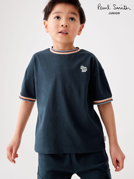 Paul Smith Junior Boys Navy Short Sleeve Artist Stripe 100% Cotton T-Shirt (429913) | AED133