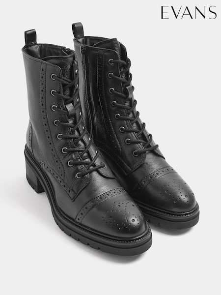 Negru - Evans Leather Brogue Lace Up Ankle Boots In Extra-wide Eee Fit