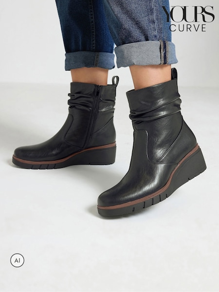 Crno - Yours Curve Faux Leather Wedge Boots