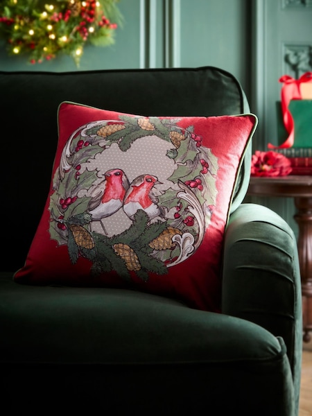 Laurence Llewelyn-bowen Festive Robin Velvet Filled Christmas Cushion