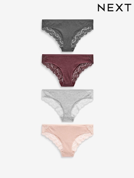 Grey Marl/Pink/Plum Bikini Cotton and Lace Knickers 4 Pack (430663) | $19
