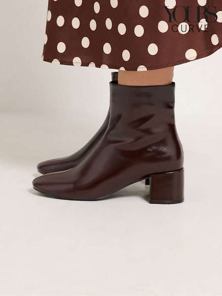 Brown - Yours Curve Patent Almond Toe Block Heel Ankle Boots In Wide E Fit