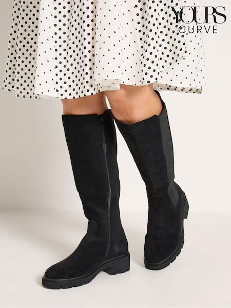 黑色 - Yours Curve Knee High Cleated Chelsea Boots In Extra-wide Eee Fit