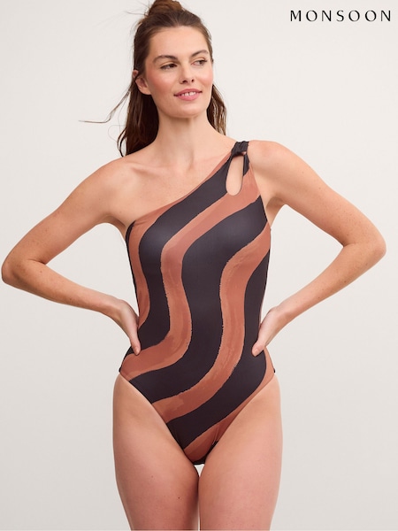 أسود - Monsoon Callie Thorpe One-shoulder Wave Print Shaping Swimsuit