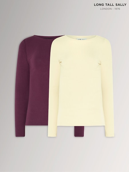 Berry Red & Ivory White - Long Tall Sally Ribbed Boat Neck Tops 2 Pack