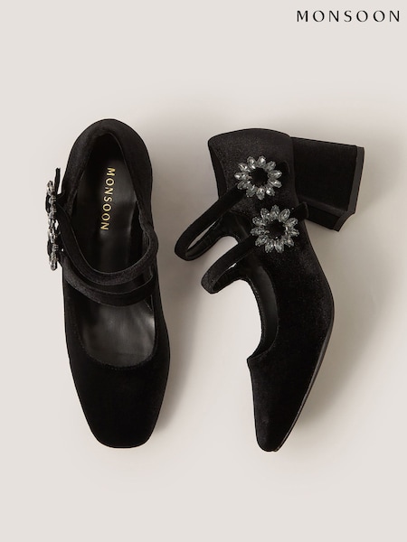 Black - Monsoon Symone Velvet Mary Jane Block Heels