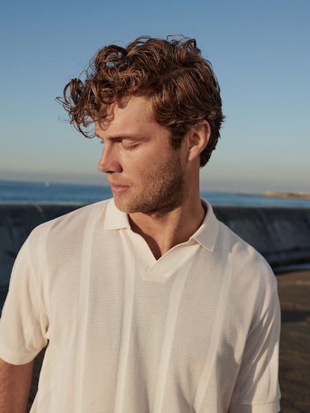 Ecru Cuban Collar Textured 100% Cotton Short Sleeve Polo Shirt (431902) | €5
