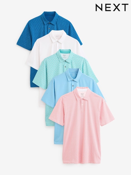 Blues/Green/White/Pink Print Regular Fit Regular Fit Short Sleeve Jersey Polo Shirts 5 Pack (431987) | AED143
