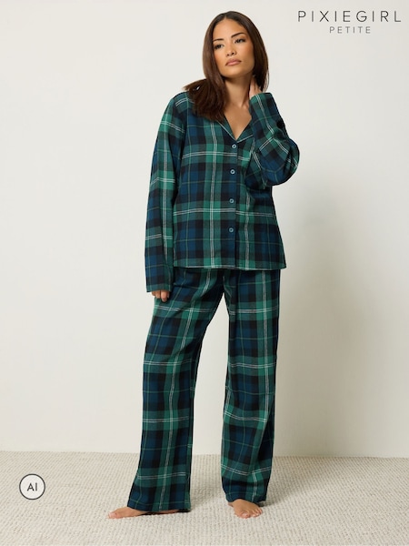 Green - Pixiegirl Petite Check Long Sleeve Cotton Pyjamas Set