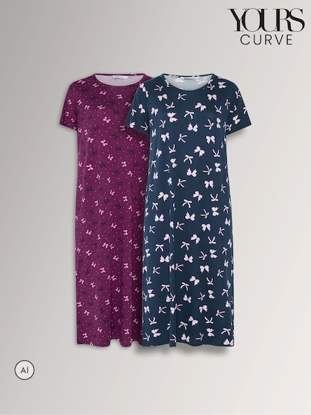 Animal - Yours Curve Bow Print Soft Touch Nightdresses 2 Pack