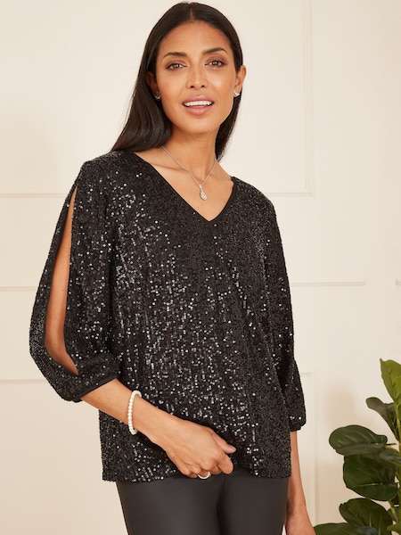 Yumi Black Sequin Slit Sleeve Top (432882) | €25