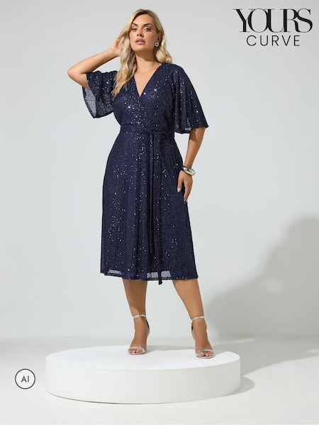 Blue - Yours Curve London Sequin Finish Wrap Dress