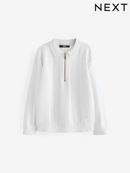 White Quarter Zip 100% Cotton Long Sleeve Knitted Polo Shirt (3-16yrs) (433288) | €23 - €30