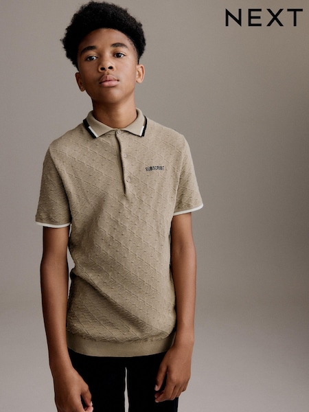 Tan Brown 100% Cotton Textured Knitted Polo Shirt (3-16yrs) (433314) | AED42 - AED58