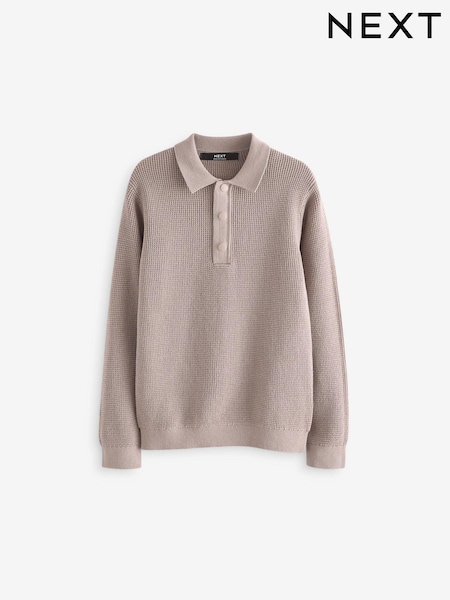 Natural Long Sleeve 100% Cotton Textured Polo Shirt (3-16yrs) (433340) | 79 QAR - 104 QAR