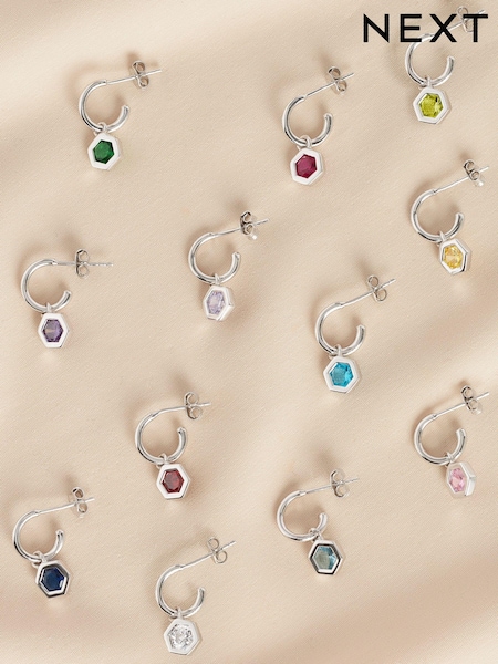 Sterling Silver Hexagon Birthstone Hoop Earrings (433666) | €24