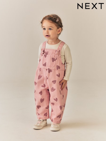 Pink Heart Print - Denim Dungarees (3mths-7yrs)