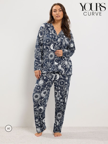 Blau - Yours Curve Pyjama-Set mit himmlischem Print aus weichem Material