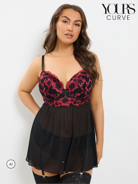 Black - Yours Curve Lace Babydoll Basques