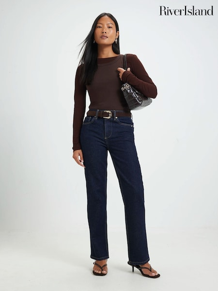 Blue - River Island Petite High Rise Belted Stretch Straight Leg Jeans