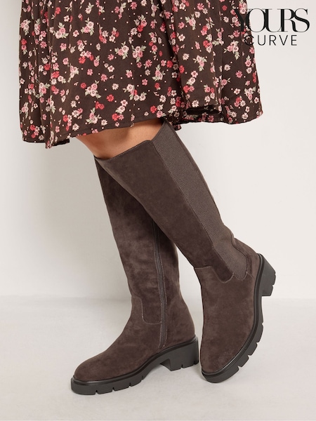 Brown - Yours Curve Knee High Cleated Chelsea Boots