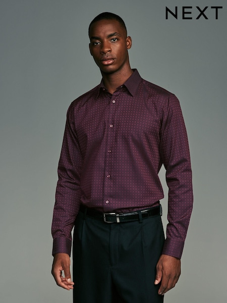 Burgundy Red Jacquard Print Regular Fit 100% Cotton Long Sleeves Single Cuff Formal Shirt (435811) | €19