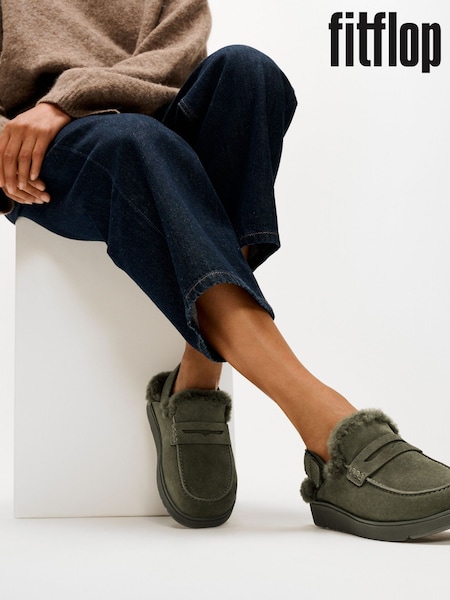 Green - Fitflop Gen-ff Suede Shearling Loafer Back-strap Mules