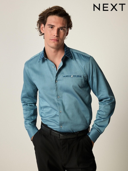 Teal Blue Regular Fit Trimmed Formal 100% Cotton Oxford Shirt (435869) | €8