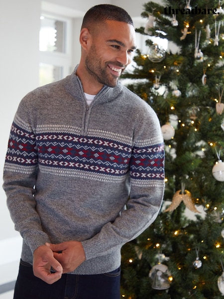 אפור - Threadbare Quarter Zip Christmas Knitted Jumper (435911) | ‏159‏₪